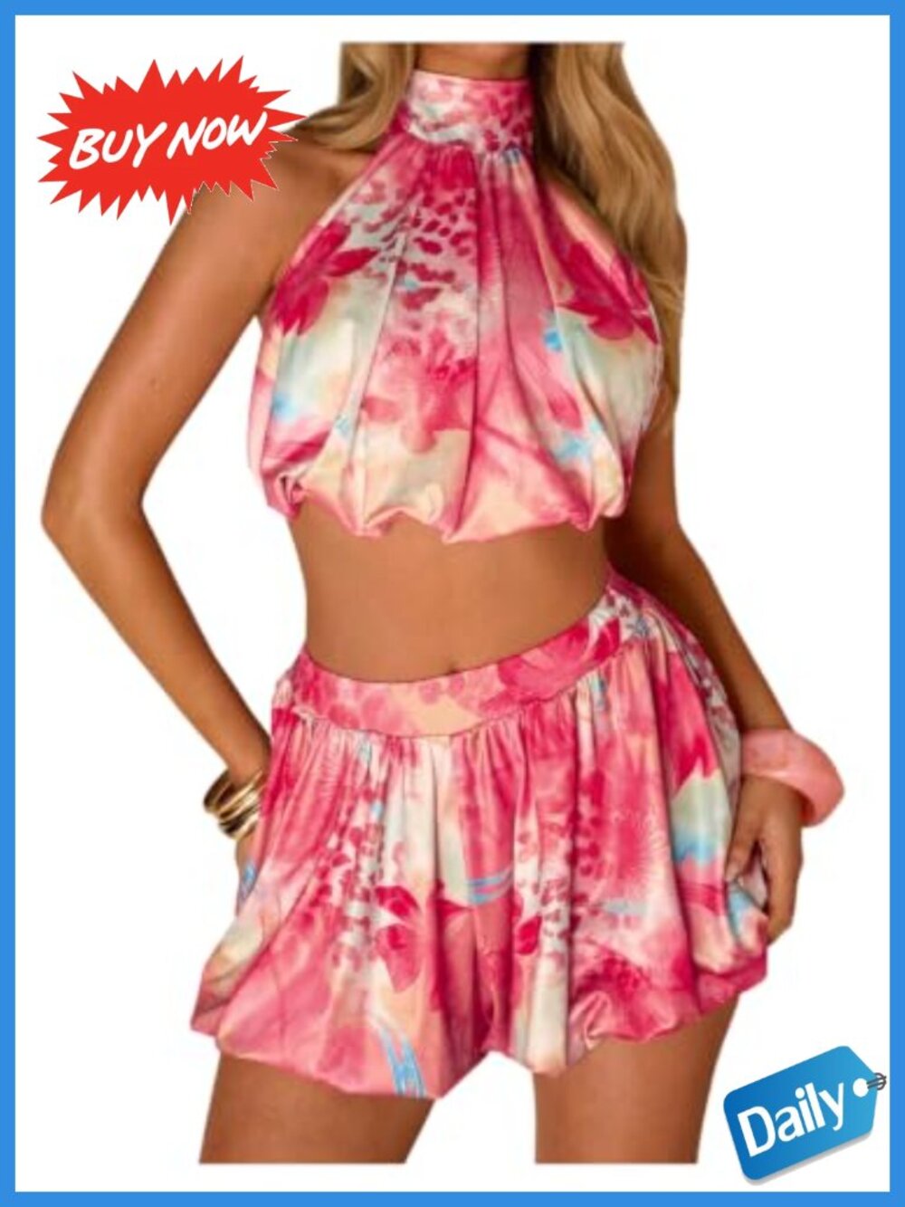 Floral Halter Crop Top & Bubble Shorts Two Piece Set High Stretch